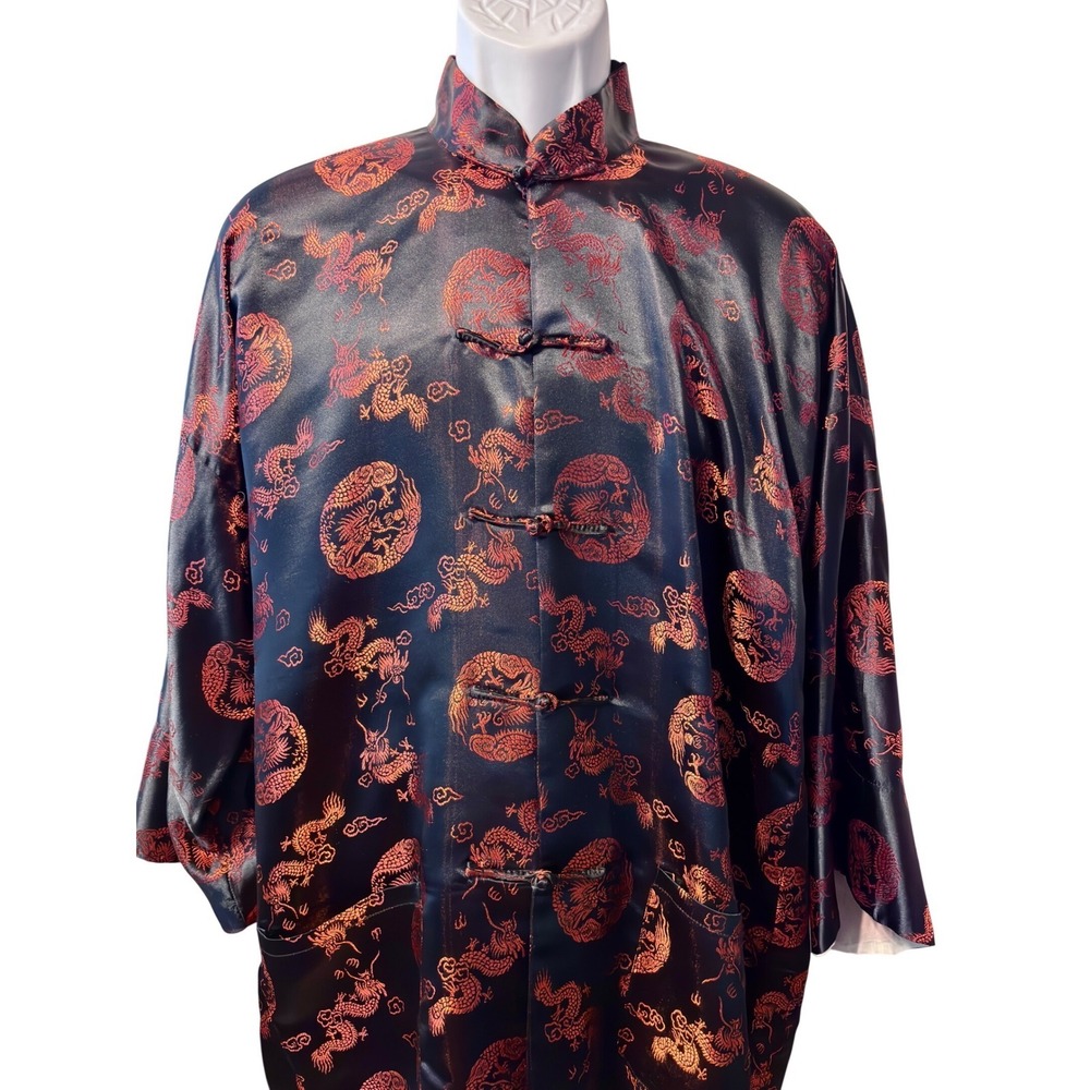 Golden Dragon Mens XL Tang Suit Set Black Orange Brocade Dragon Print 2 piece 46